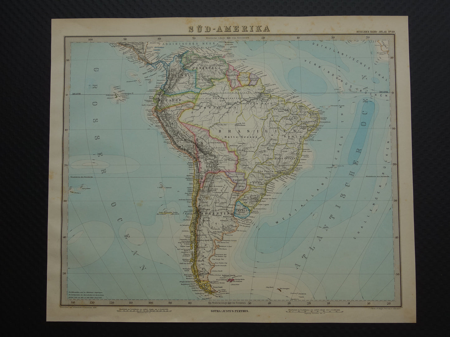 SOUTH AMERICA vintage map from 1884 of continent Original old antique map with date
