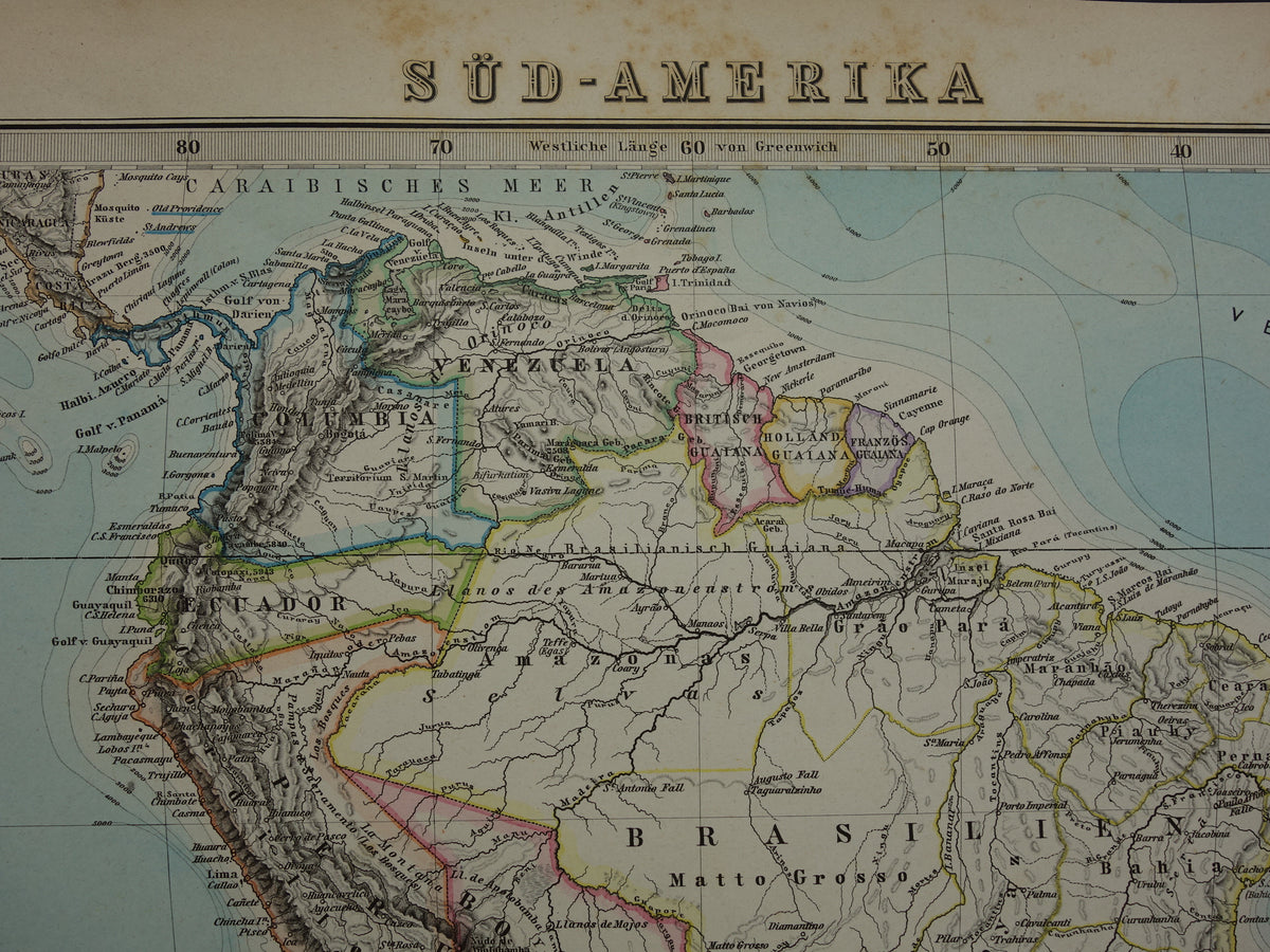 SOUTH AMERICA vintage map from 1884 of continent Original old antique map with date