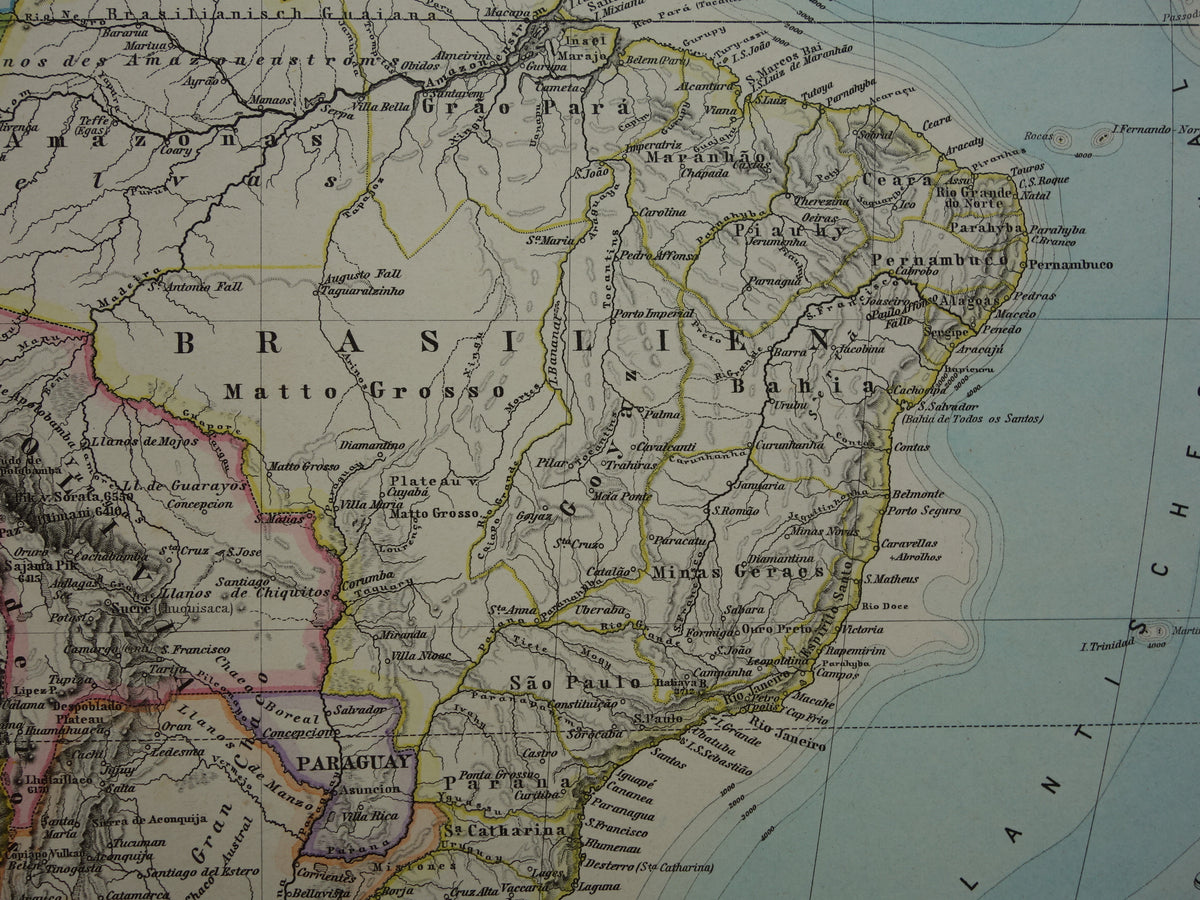 SOUTH AMERICA vintage map from 1884 of continent Original old antique map with date