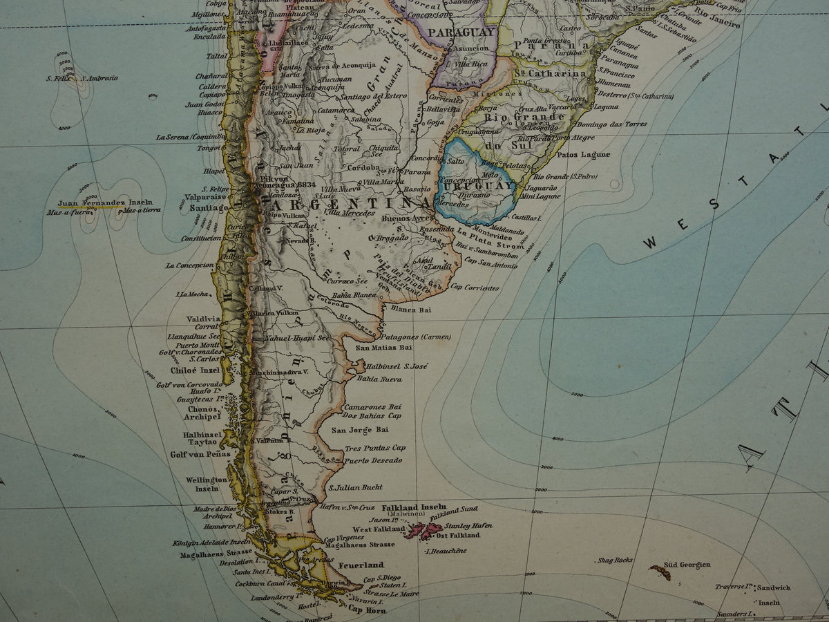 SOUTH AMERICA vintage map from 1884 of continent Original old antique map with date