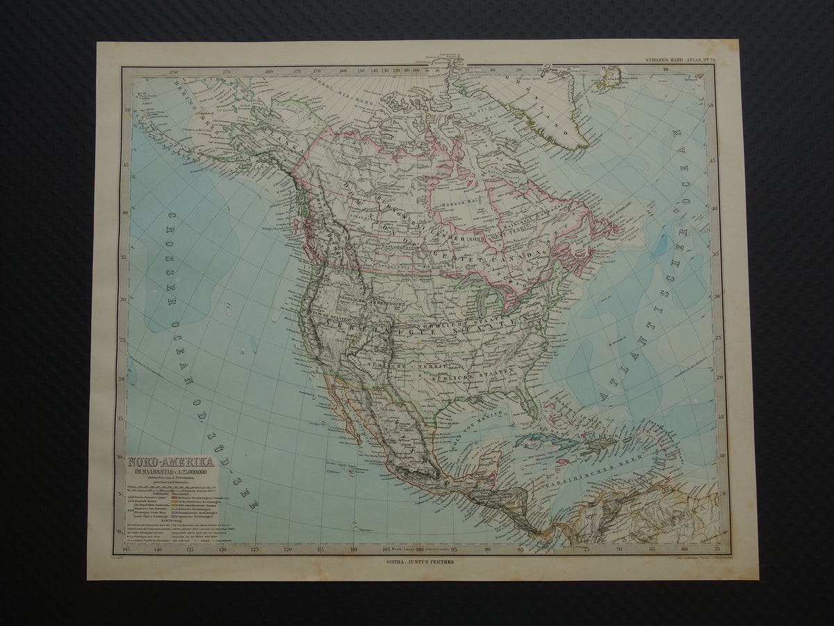 Oude landkaart van Noord-Amerika in 1884 Antieke kaart van de VS Canada Mexico