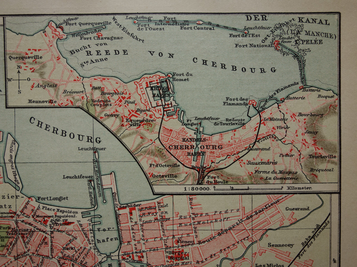 CHERBOURG antique map old map of Cherbourg France from 1911 - original vintage historical maps with date