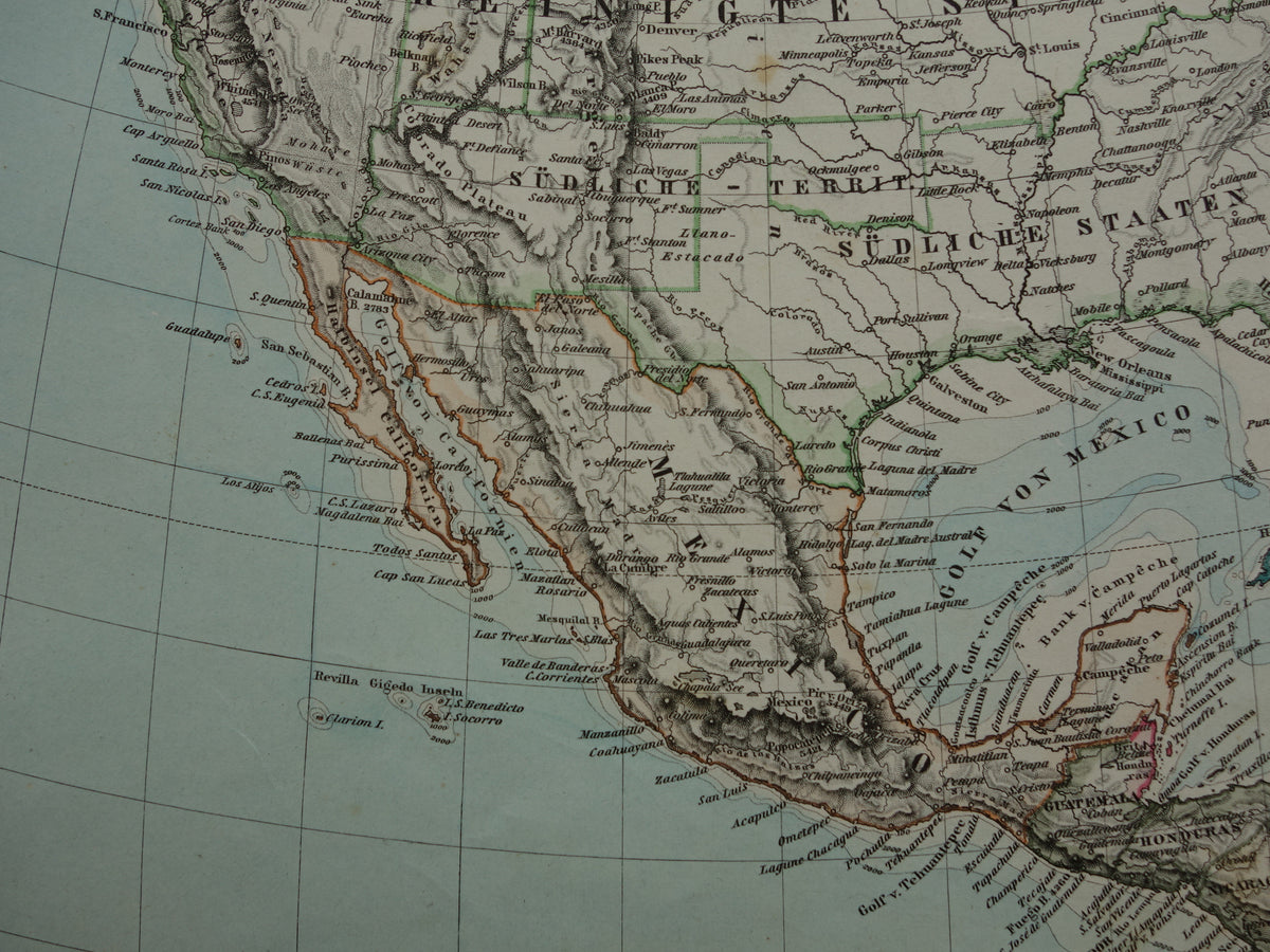 Old map of North America in 1884 Antique map of USA Canada Mexico