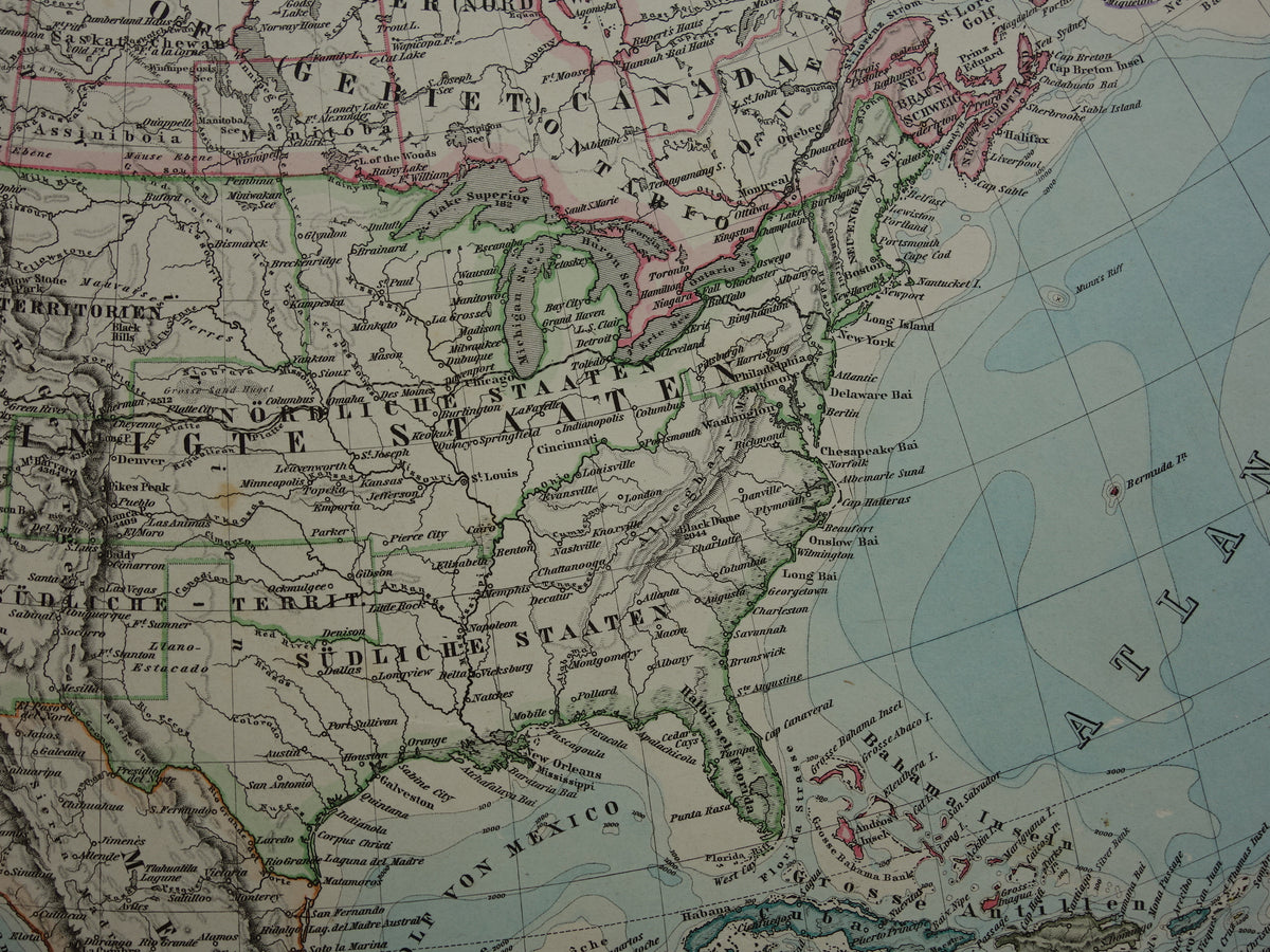 Old map of North America in 1884 Antique map of USA Canada Mexico