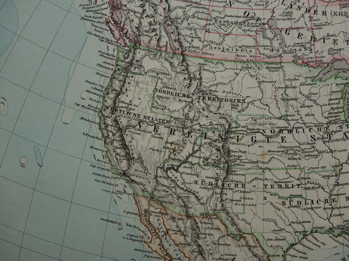 Old map of North America in 1884 Antique map of USA Canada Mexico