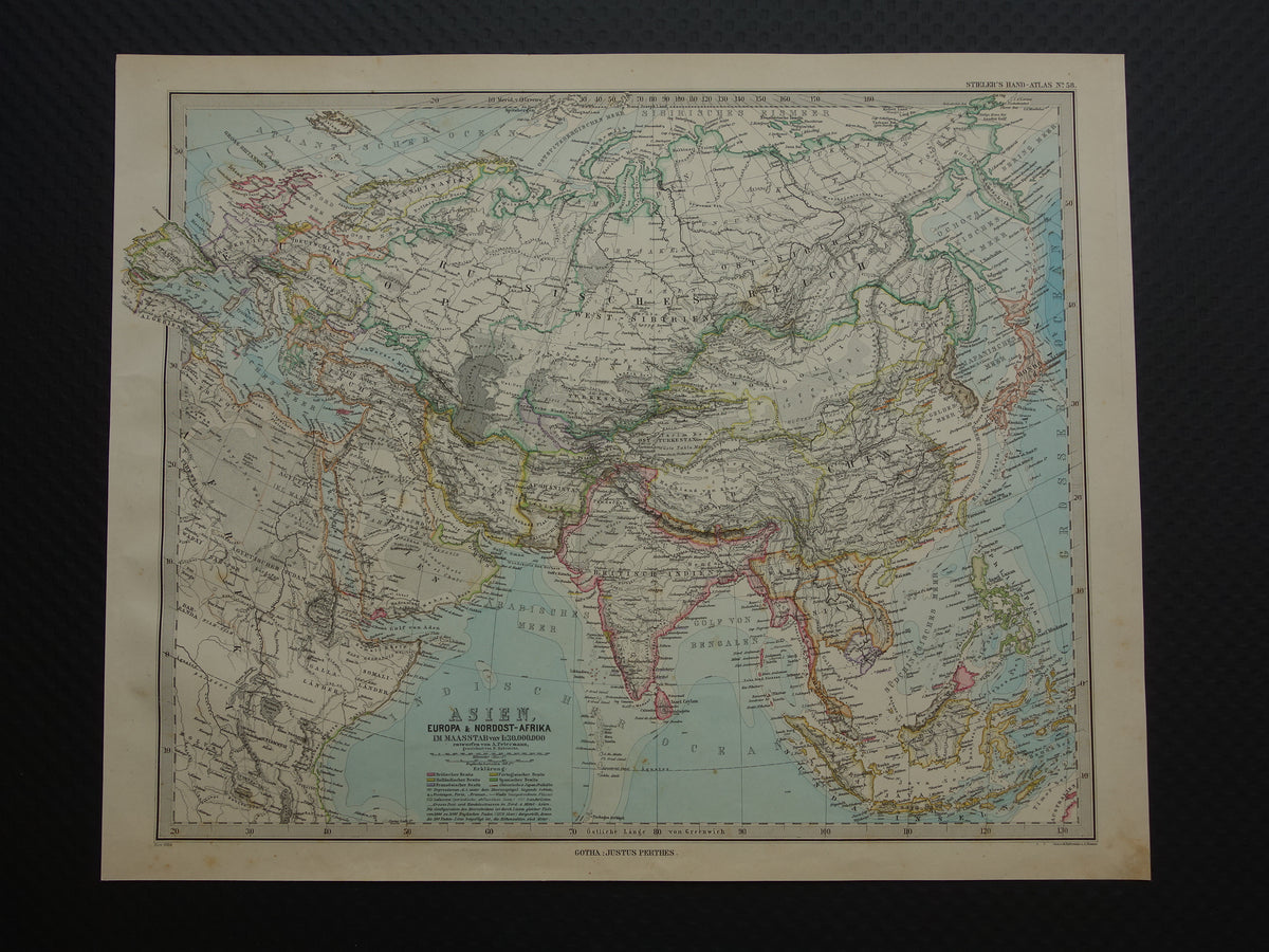 AZIË oude kaart van Azië in 1884 originele antieke Duitse landkaart