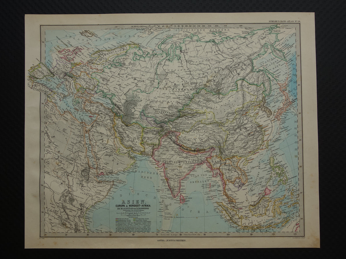 ASIA old map of Asia in 1884 original antique German map