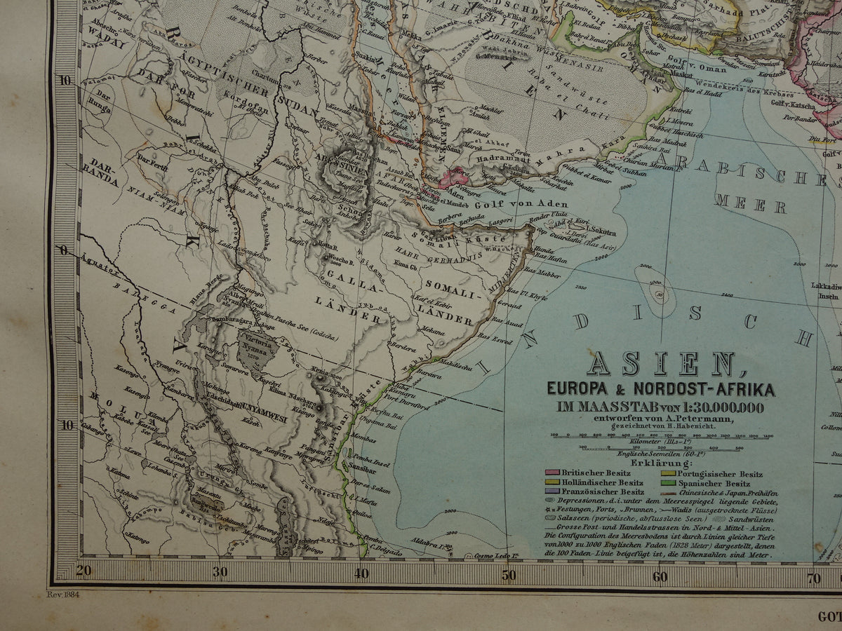 ASIA old map of Asia in 1884 original antique German map