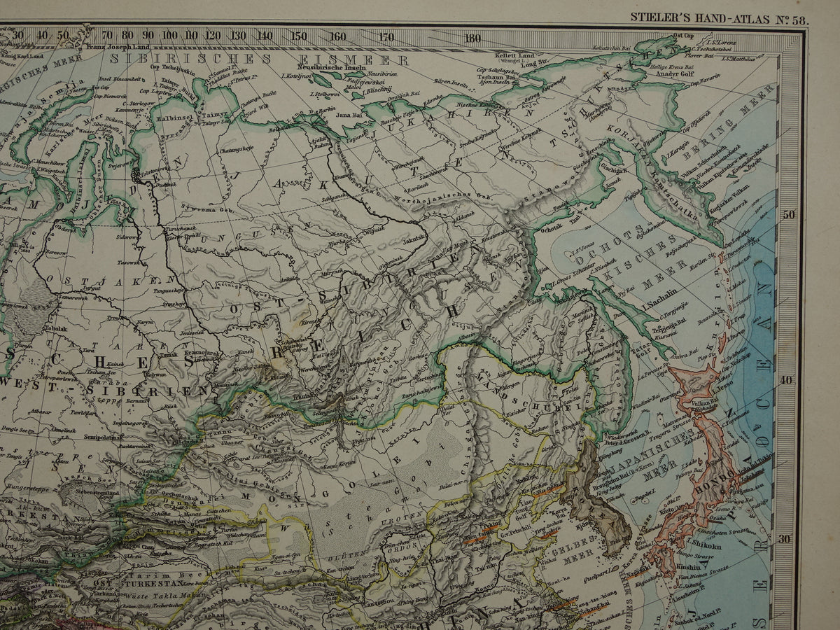 ASIA old map of Asia in 1884 original antique German map