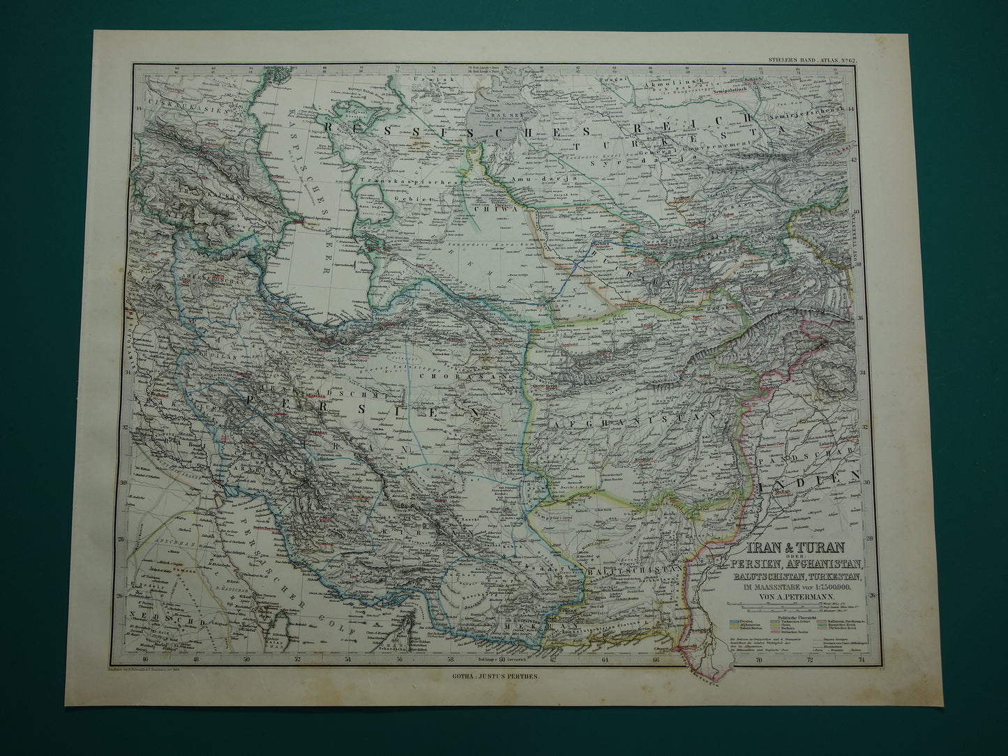 IRAN old map from 1884 original antique German map of Caspian Sea 37x46 cm size
