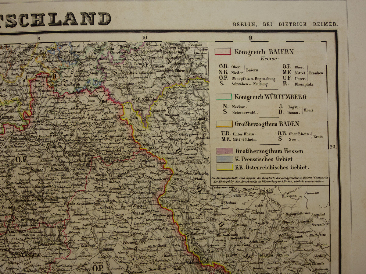 Large old map of Bavaria South Germany Original antique map 1860 Germany