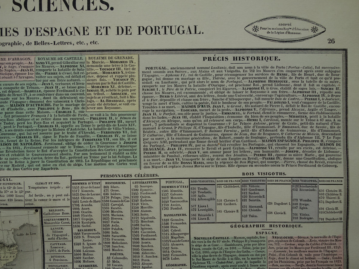 Spain and Portugal Old map 1837 large antique engraving about history of Spain Portugal with vintage map