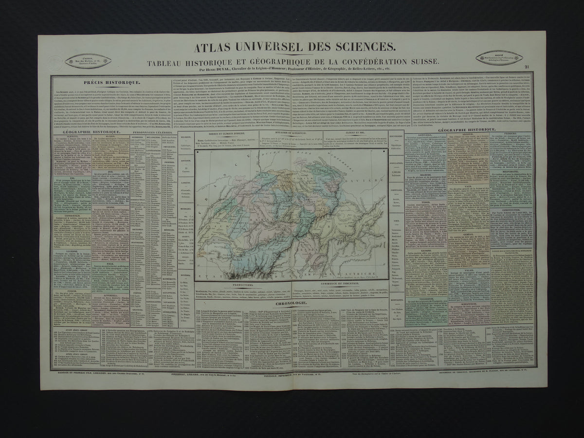 ZWITSERLAND Oude kaart Zwitserland uit 1837 grote originele antieke gravure over geschiedenis van Zwitserland met vintage landkaart