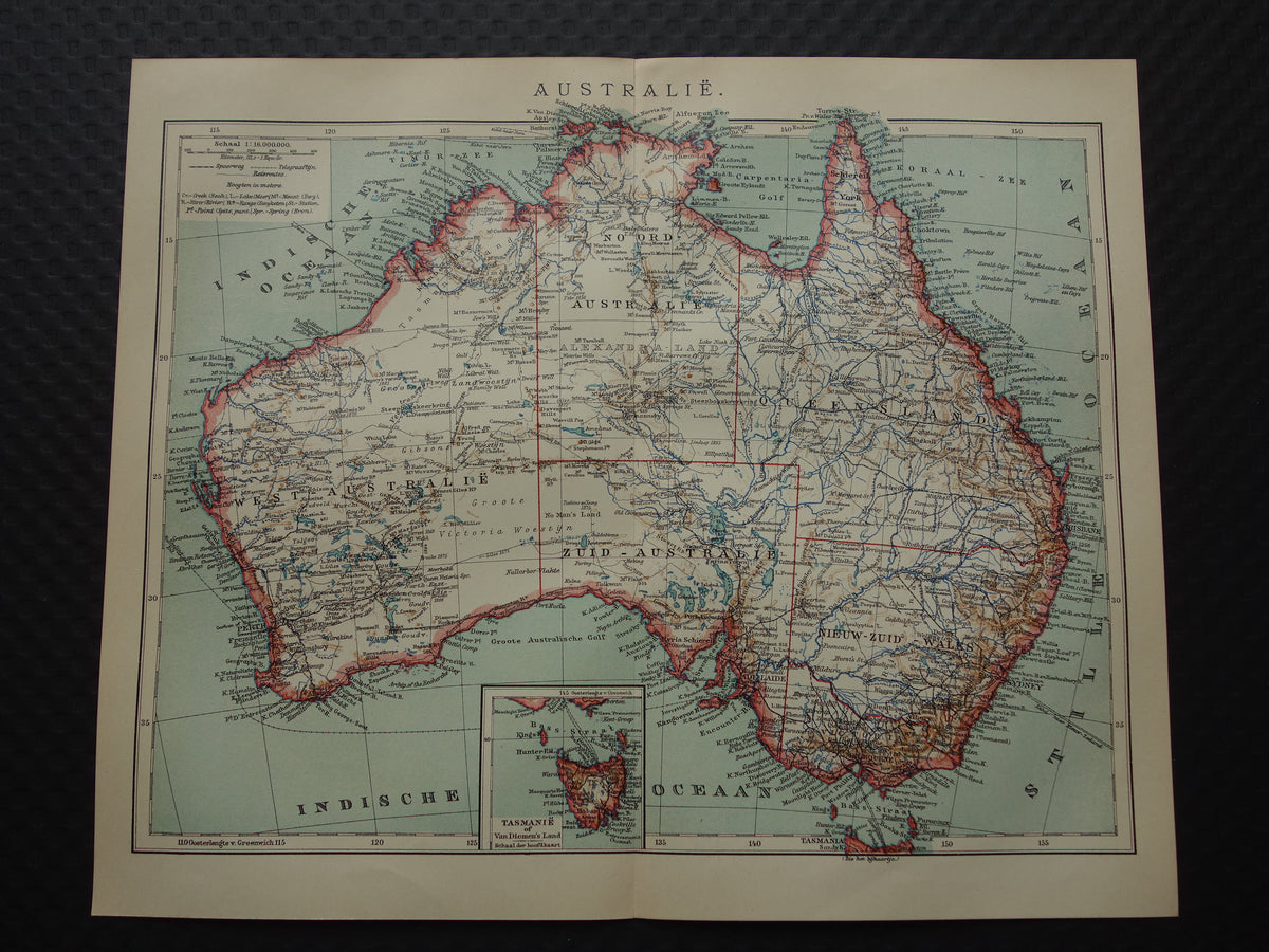 AUSTRALIE oude landkaart van Australië uit 1915 originele antieke Nederlandse kaart - vintage landkaarten