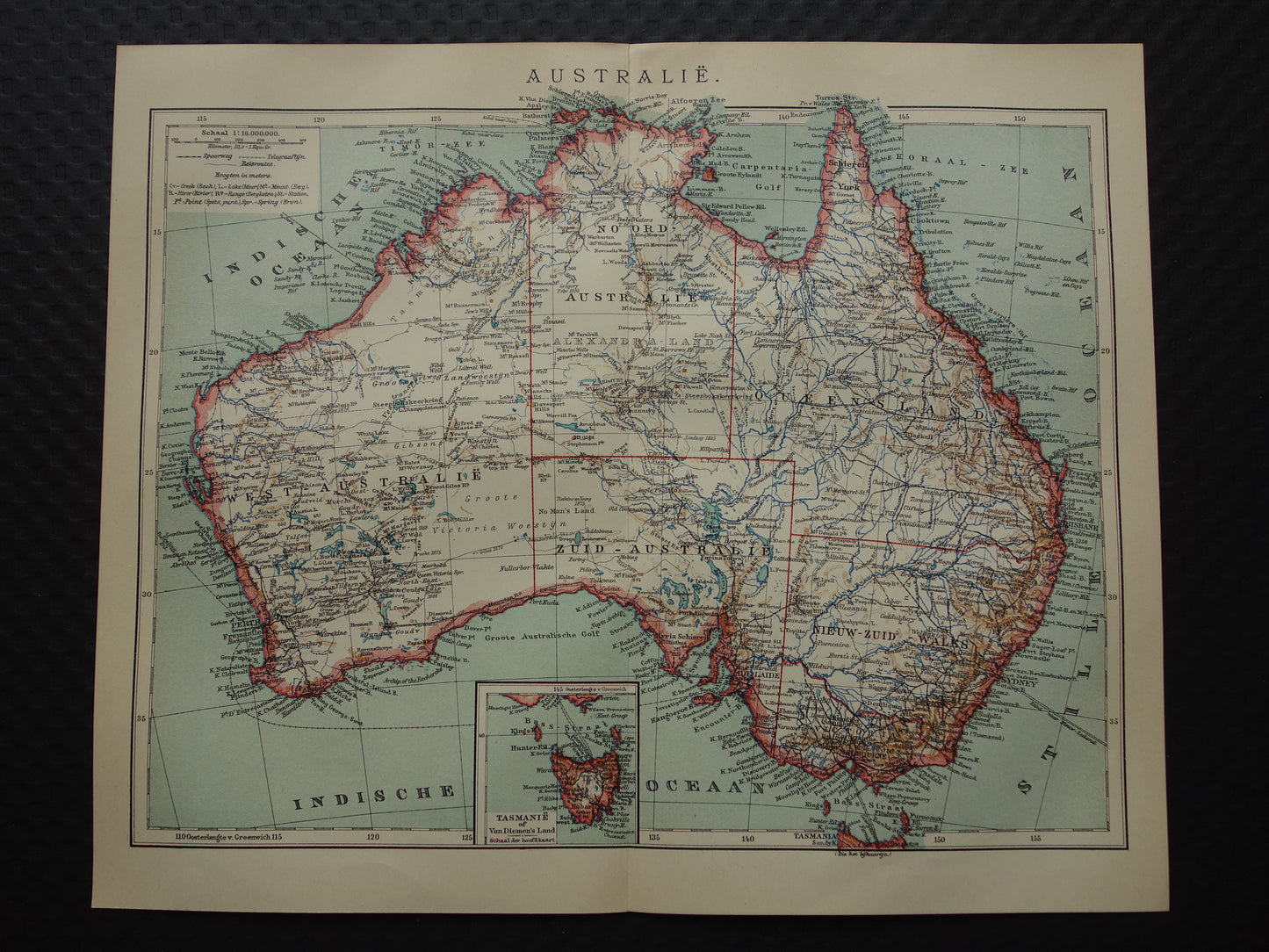 AUSTRALIE oude landkaart van Australië uit 1915 originele antieke Nederlandse kaart - vintage landkaarten