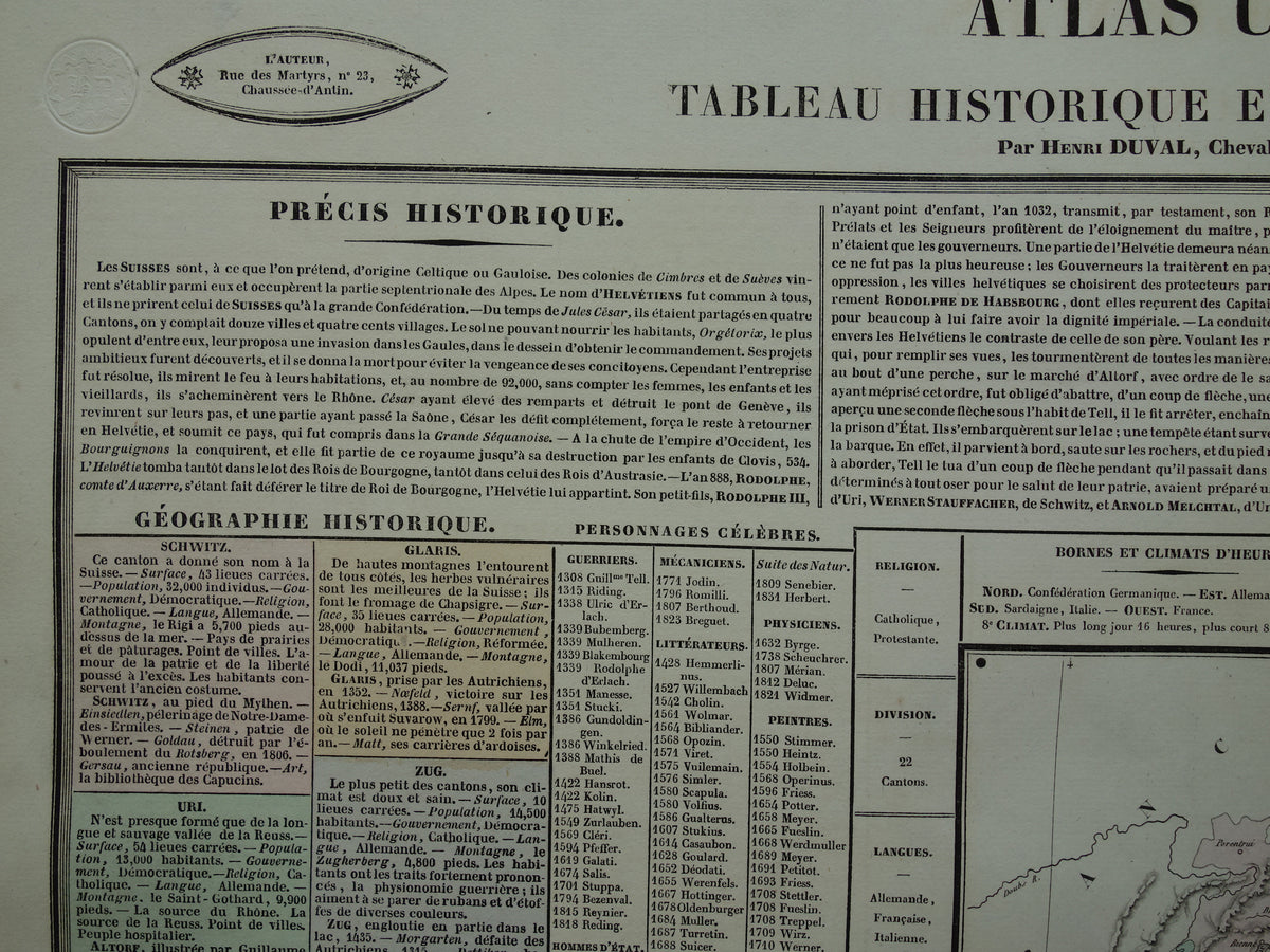 ZWITSERLAND Oude kaart Zwitserland uit 1837 grote originele antieke gravure over geschiedenis van Zwitserland met vintage landkaart