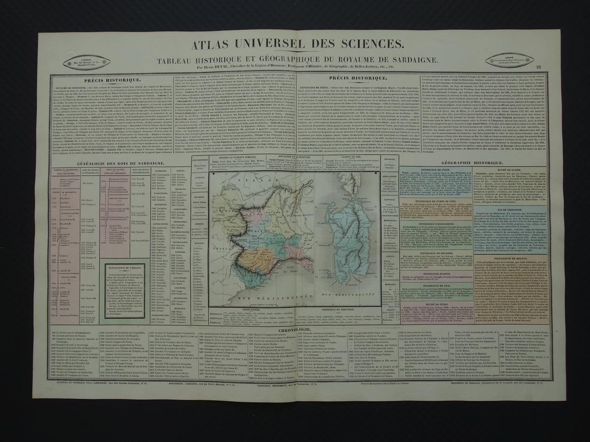 Koninkrijk Sardinië Oude kaart Italië 1837 grote antieke gravure over geschiedenis van Koninkrijk Sardinië met vintage landkaart
