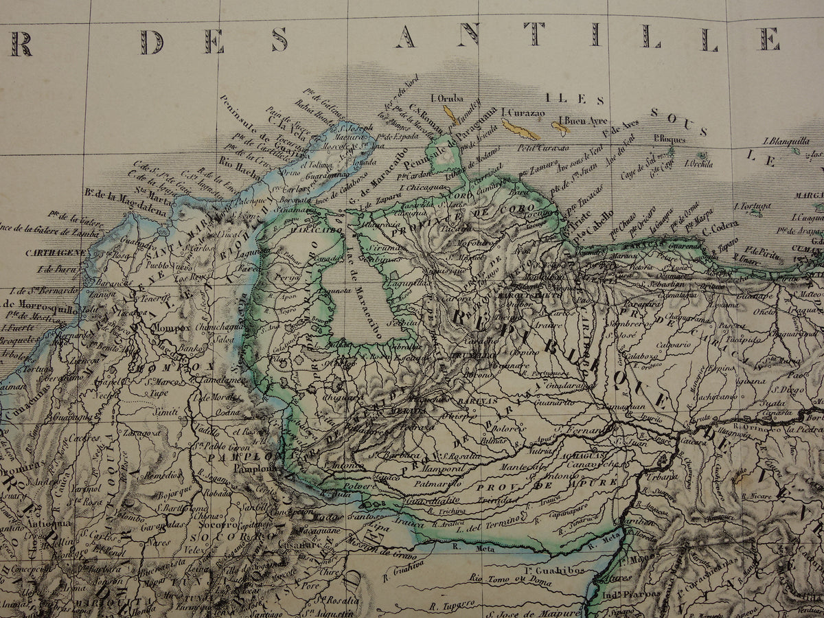 Colombia Venezuela large old map 1851 original antique map Suriname Amazon river