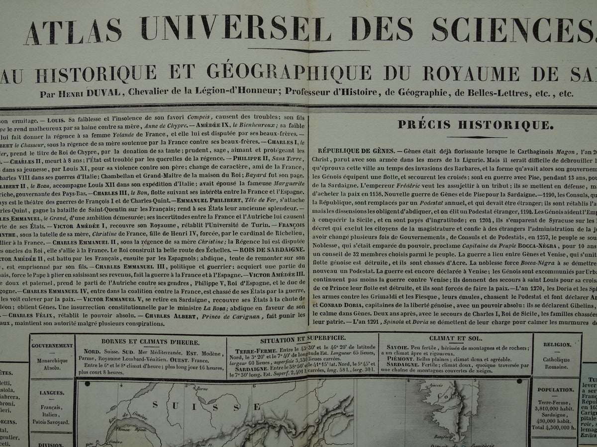 Koninkrijk Sardinië Oude kaart Italië 1837 grote antieke gravure over geschiedenis van Koninkrijk Sardinië met vintage landkaart