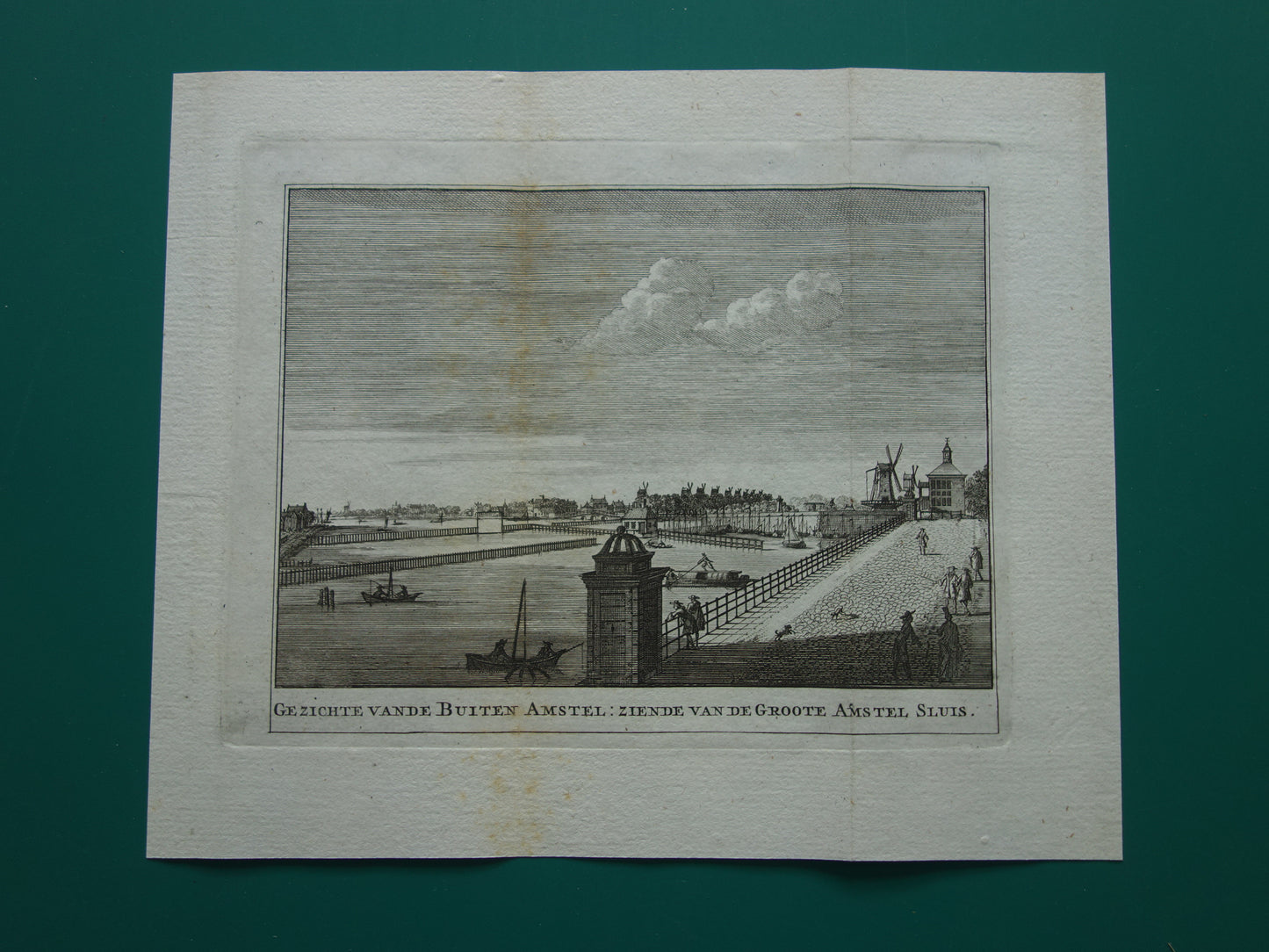 Old print of the Buiten Amstel in Amsterdam Original antique engraving Amstel locks Historical cityscape Vintage Print