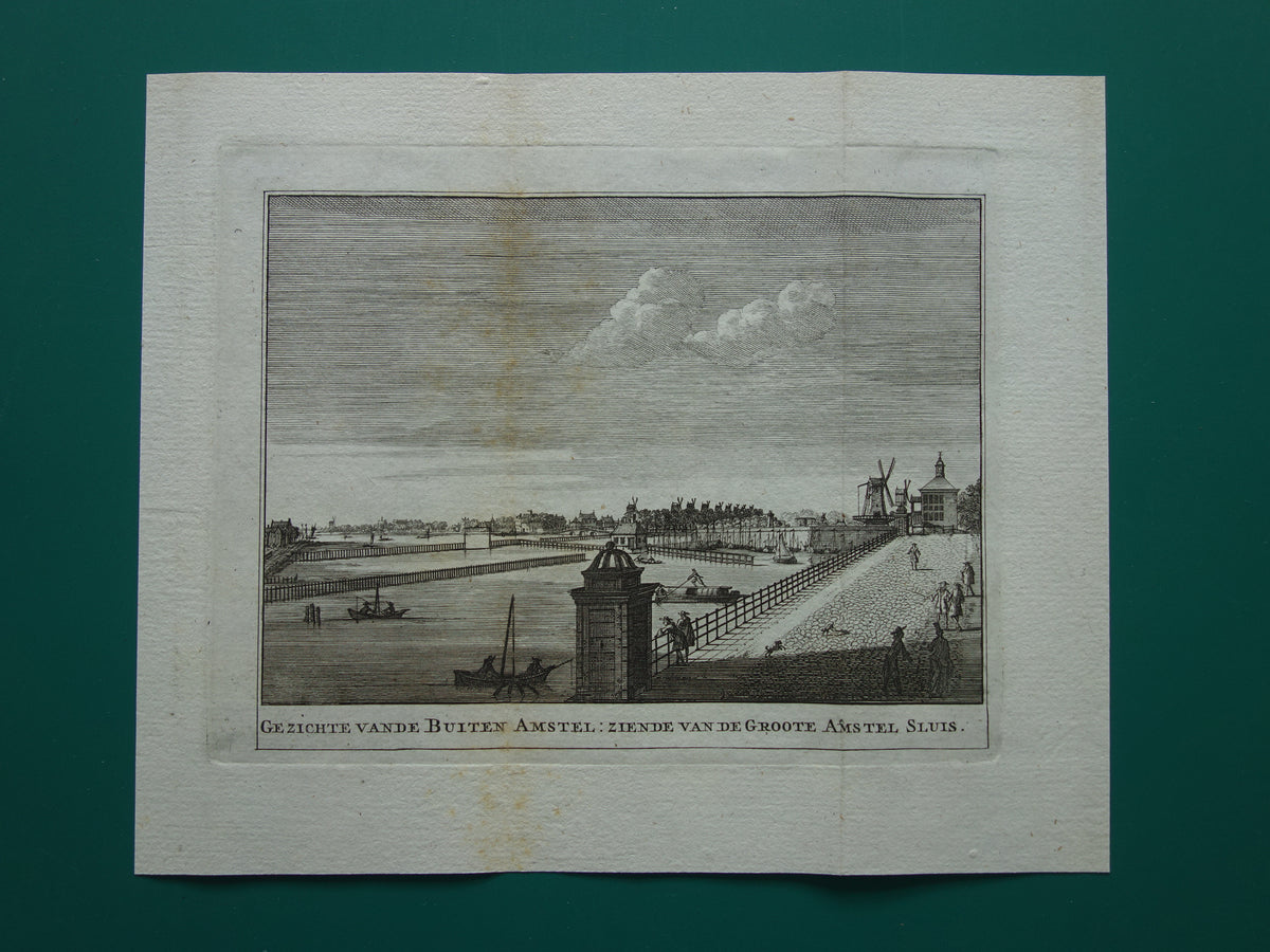 Oude prent van de Buiten Amstel in Amsterdam Originele antieke gravure Amstelsluizen Historisch stadsgezicht Vintage Print