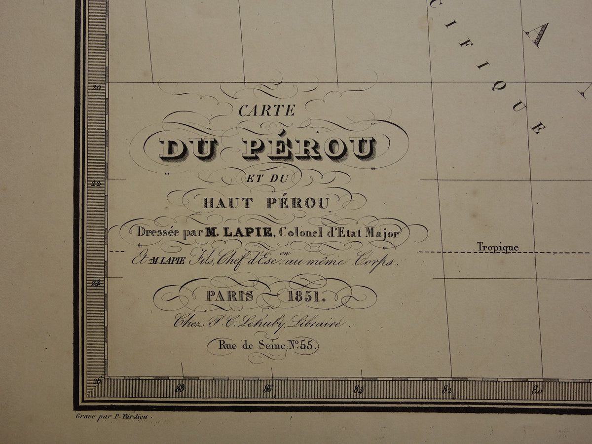 PERU & BOLIVIA Large old map from 1851 original antique French map with date