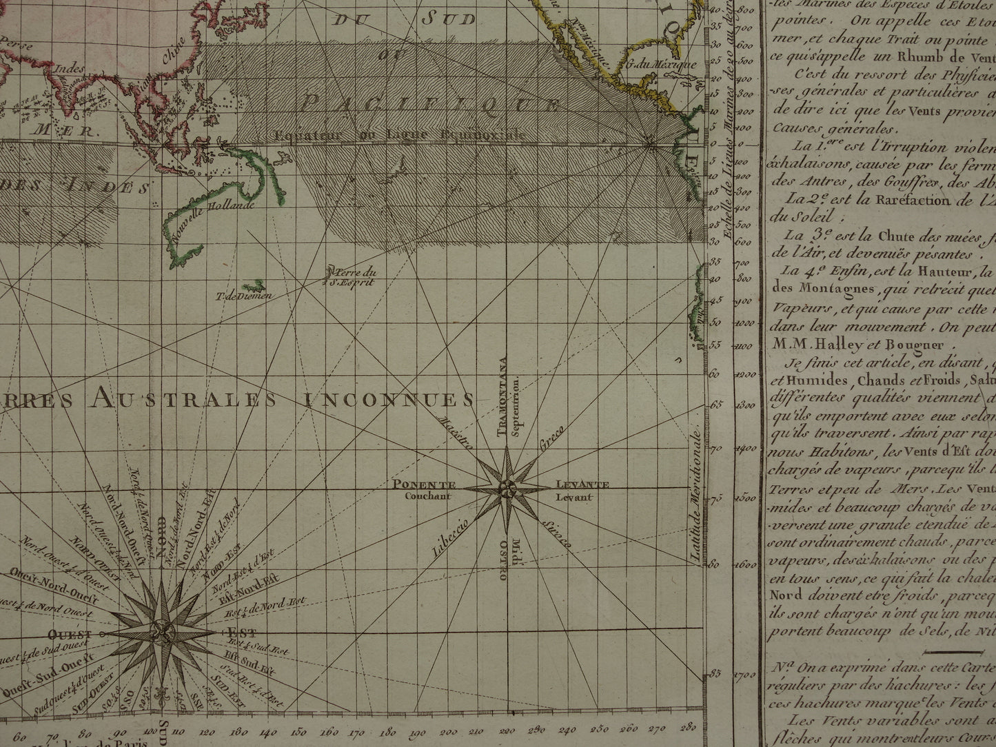 Old world map 1761 Large original historical map of the world Cardinal directions Wind rose
