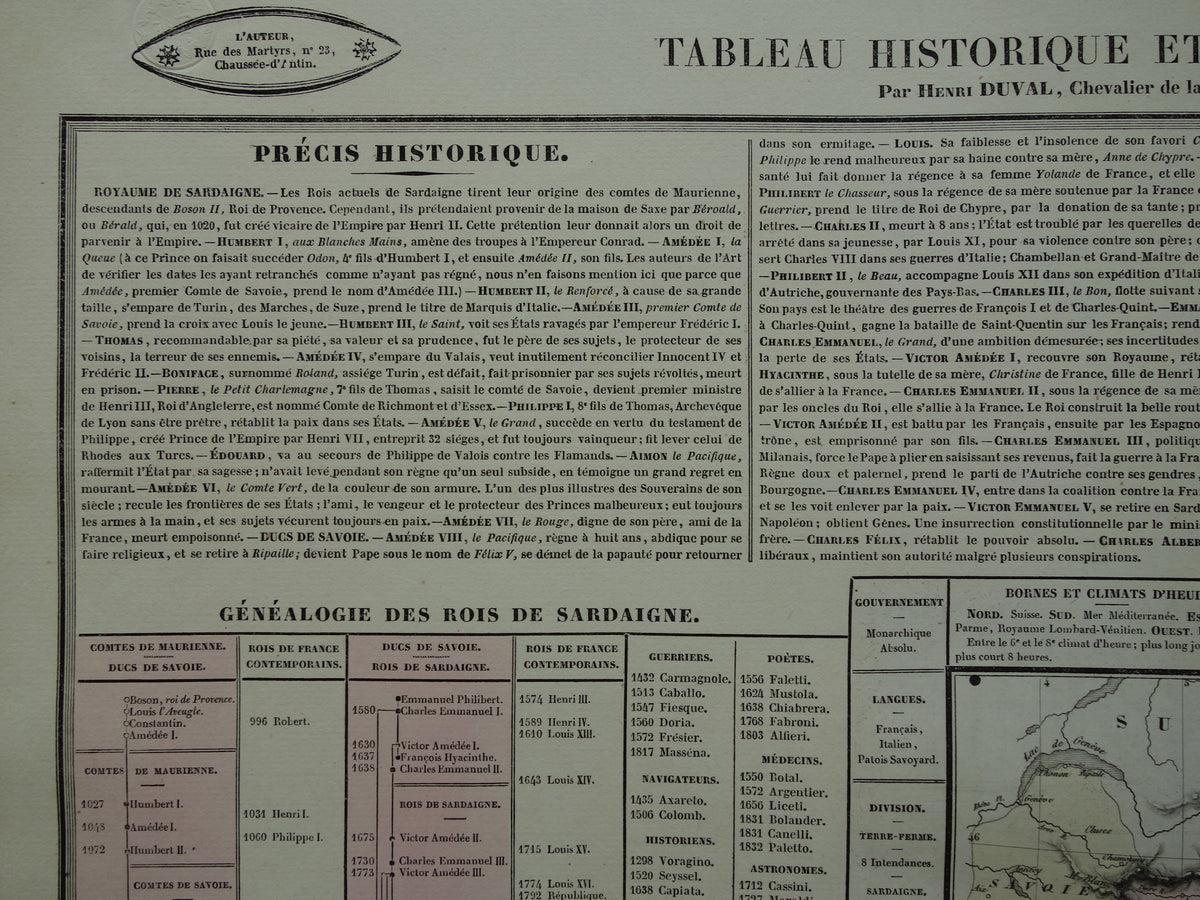 Koninkrijk Sardinië Oude kaart Italië 1837 grote antieke gravure over geschiedenis van Koninkrijk Sardinië met vintage landkaart