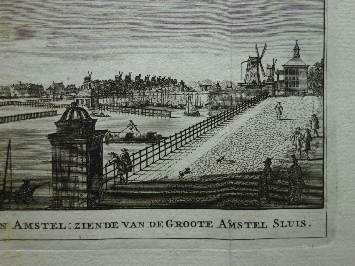 Old print of the Buiten Amstel in Amsterdam Original antique engraving Amstel locks Historical cityscape Vintage Print