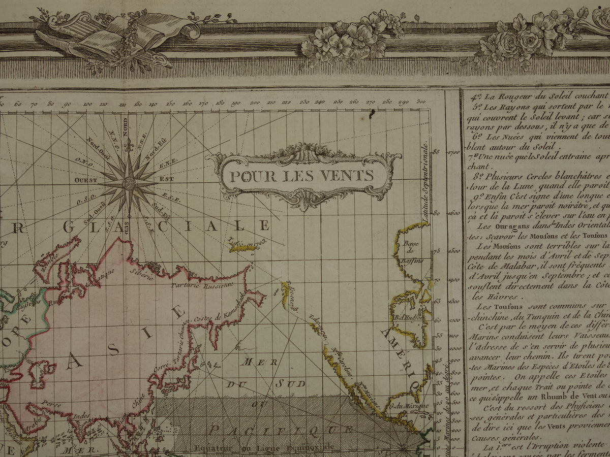 Old world map 1761 Large original historical map of the world Cardinal directions Wind rose
