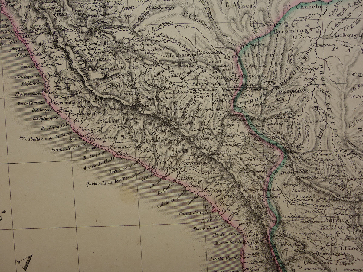 PERU & BOLIVIA Large old map from 1851 original antique French map with date