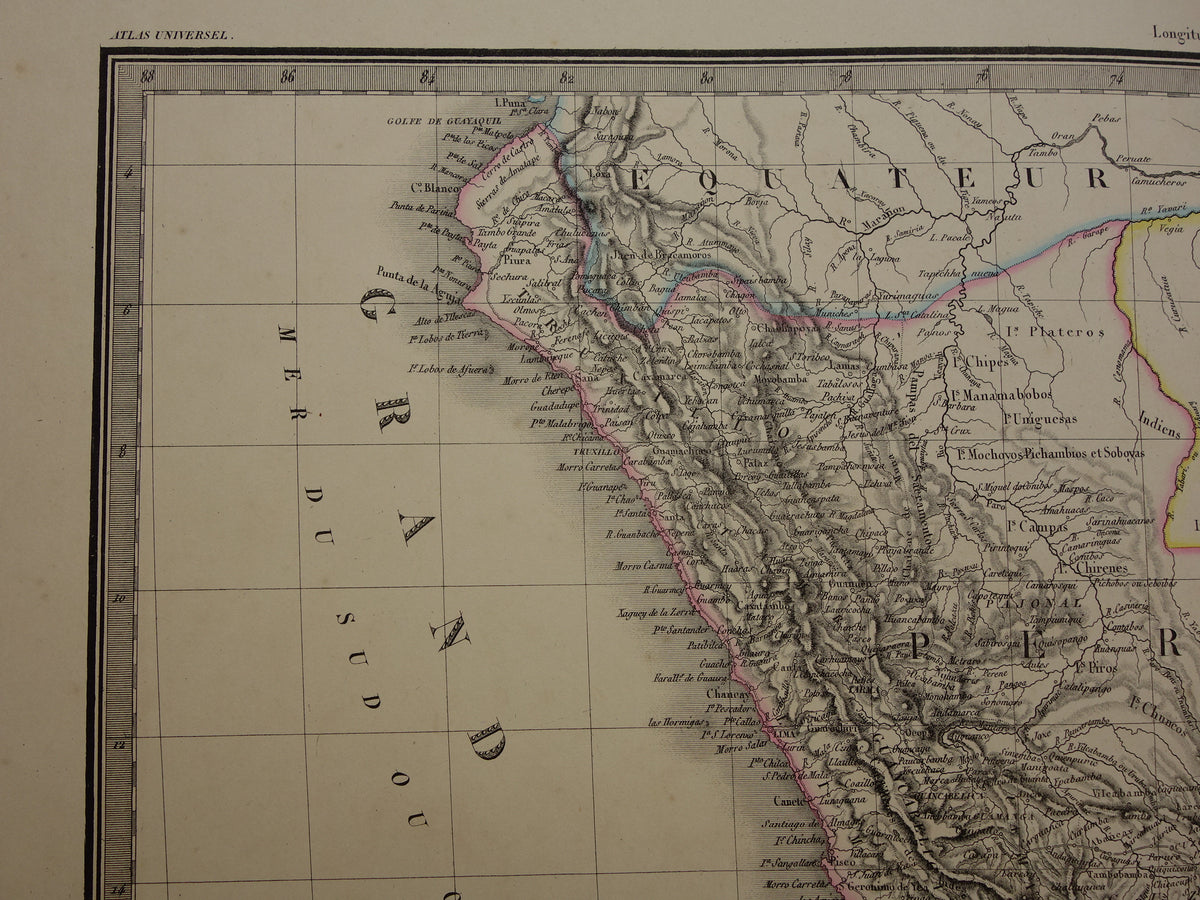 PERU & BOLIVIA Large old map from 1851 original antique French map with date