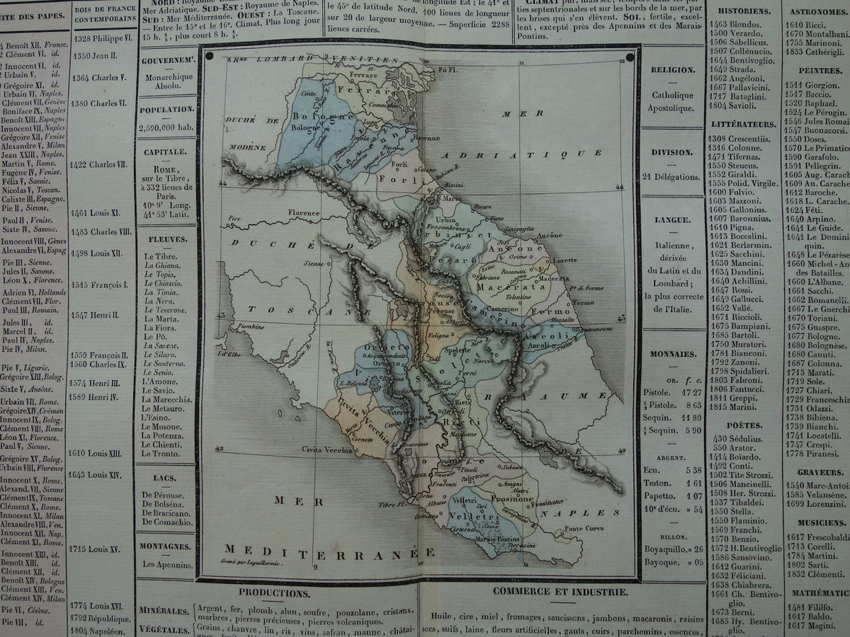 Papal States Old map of Italy 1837 large antique engraving about the history of Italy Papal States with vintage map