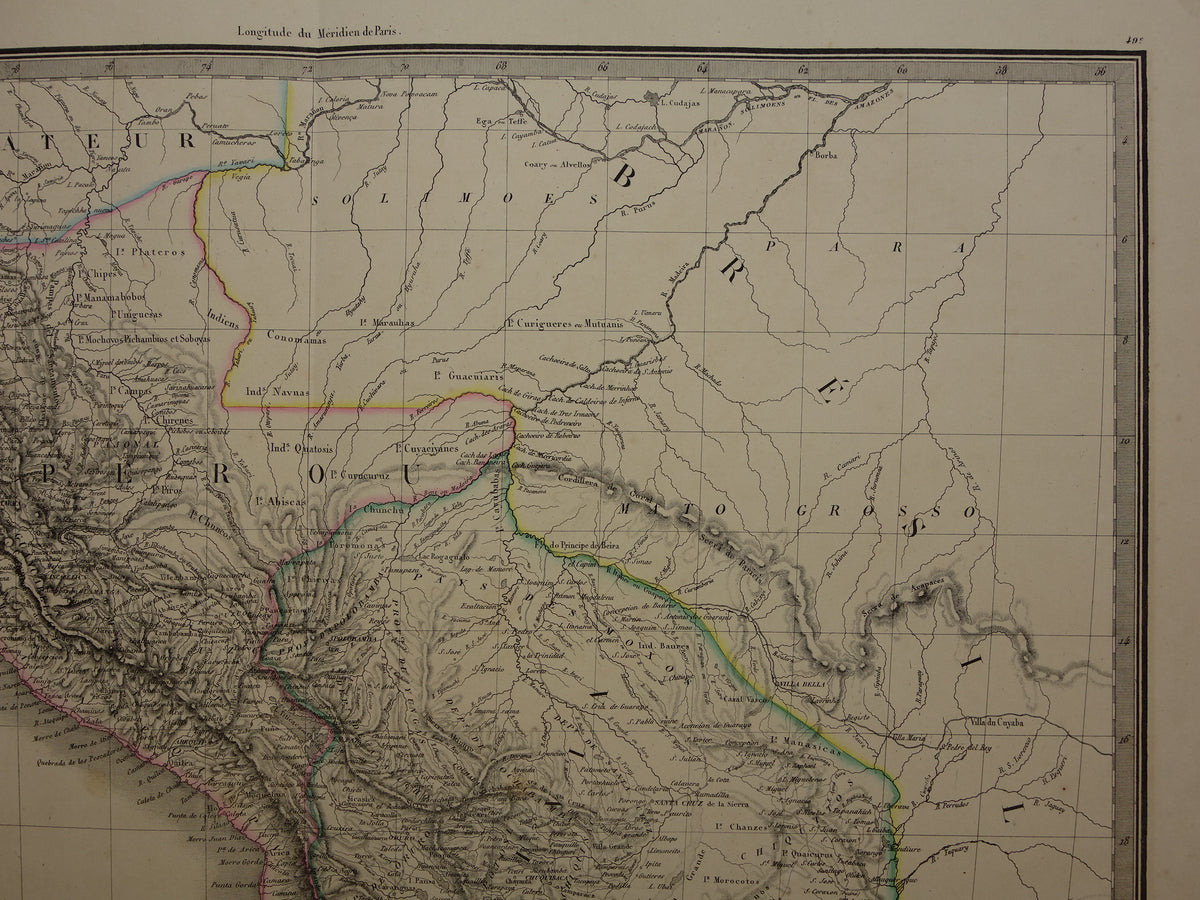 PERU & BOLIVIA Large old map from 1851 original antique French map with date