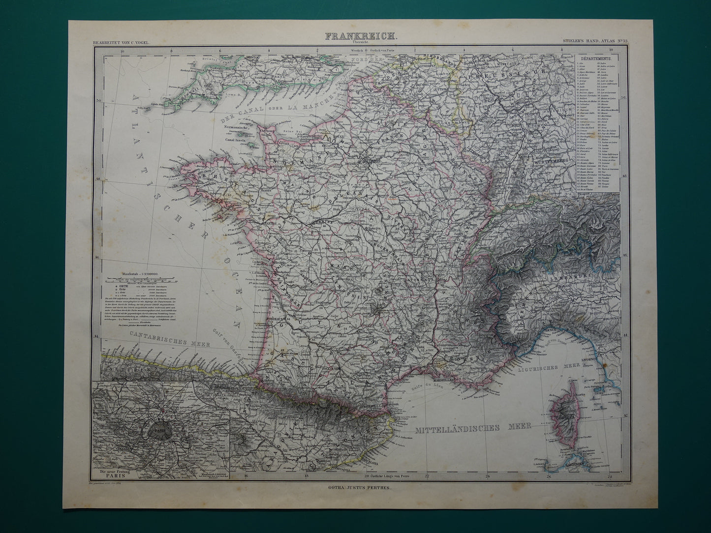 FRANCE old map from 1884 original antique German map of France 37x45cm