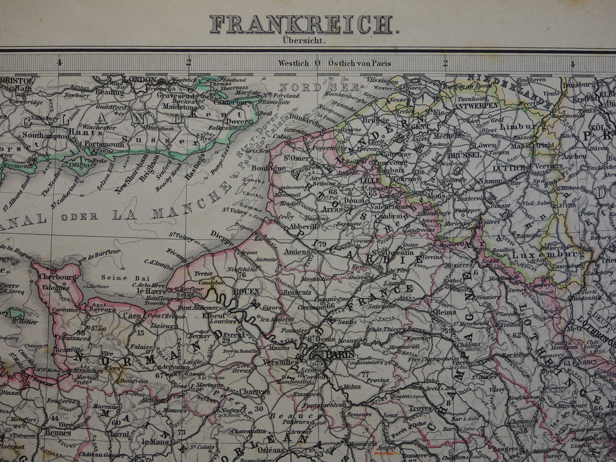 FRANCE old map from 1884 original antique German map of France 37x45cm