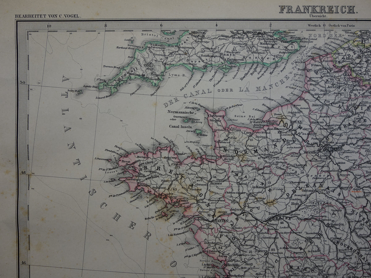 FRANCE old map from 1884 original antique German map of France 37x45cm