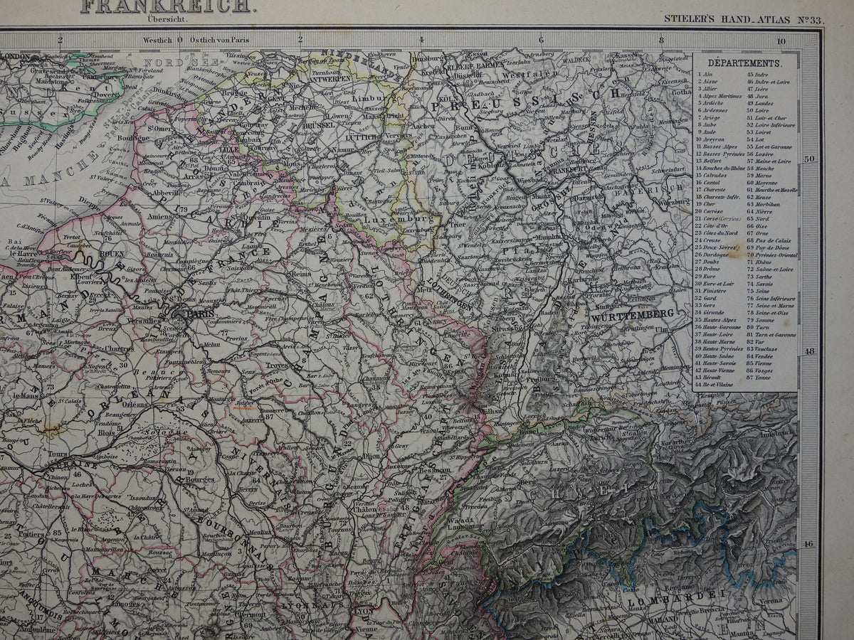 FRANCE old map from 1884 original antique German map of France 37x45cm