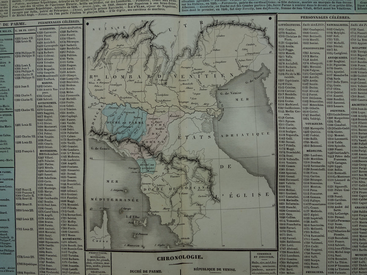 TOSCANE Oude kaart Italië 1837 grote antieke gravure over geschiedenis van Italië Lombardije met vintage landkaart