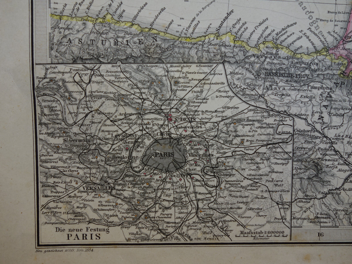FRANCE old map from 1884 original antique German map of France 37x45cm