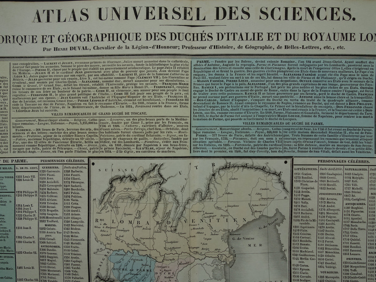 TOSCANE Oude kaart Italië 1837 grote antieke gravure over geschiedenis van Italië Lombardije met vintage landkaart