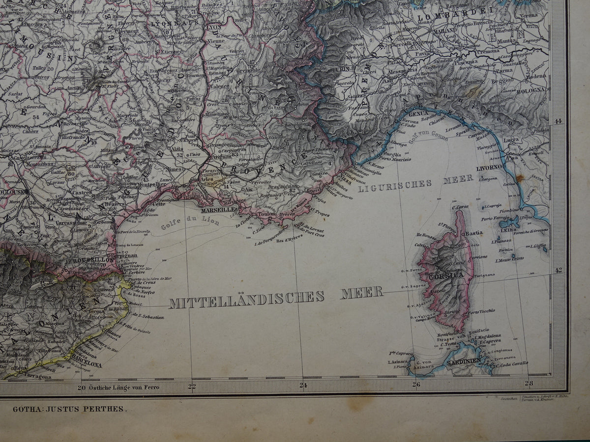 FRANCE old map from 1884 original antique German map of France 37x45cm