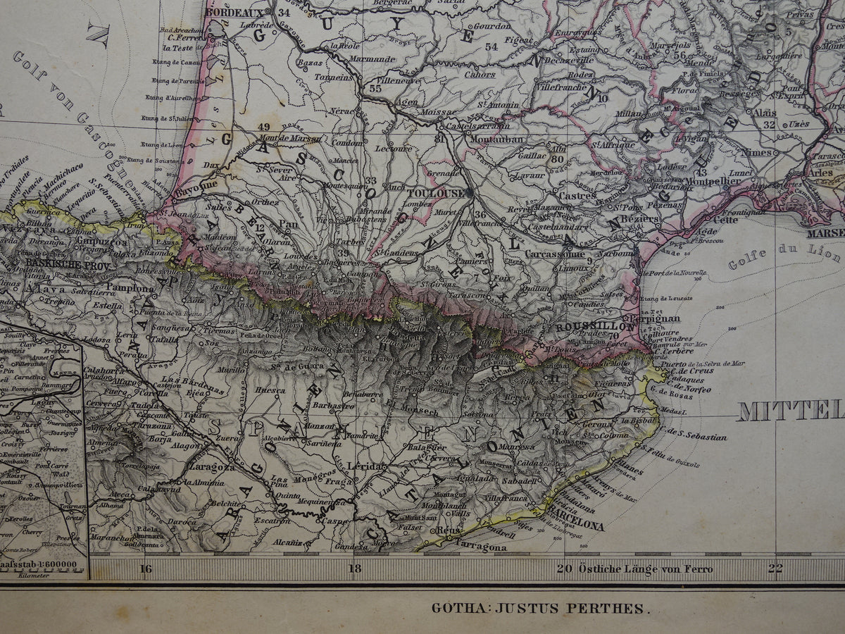 FRANCE old map from 1884 original antique German map of France 37x45cm