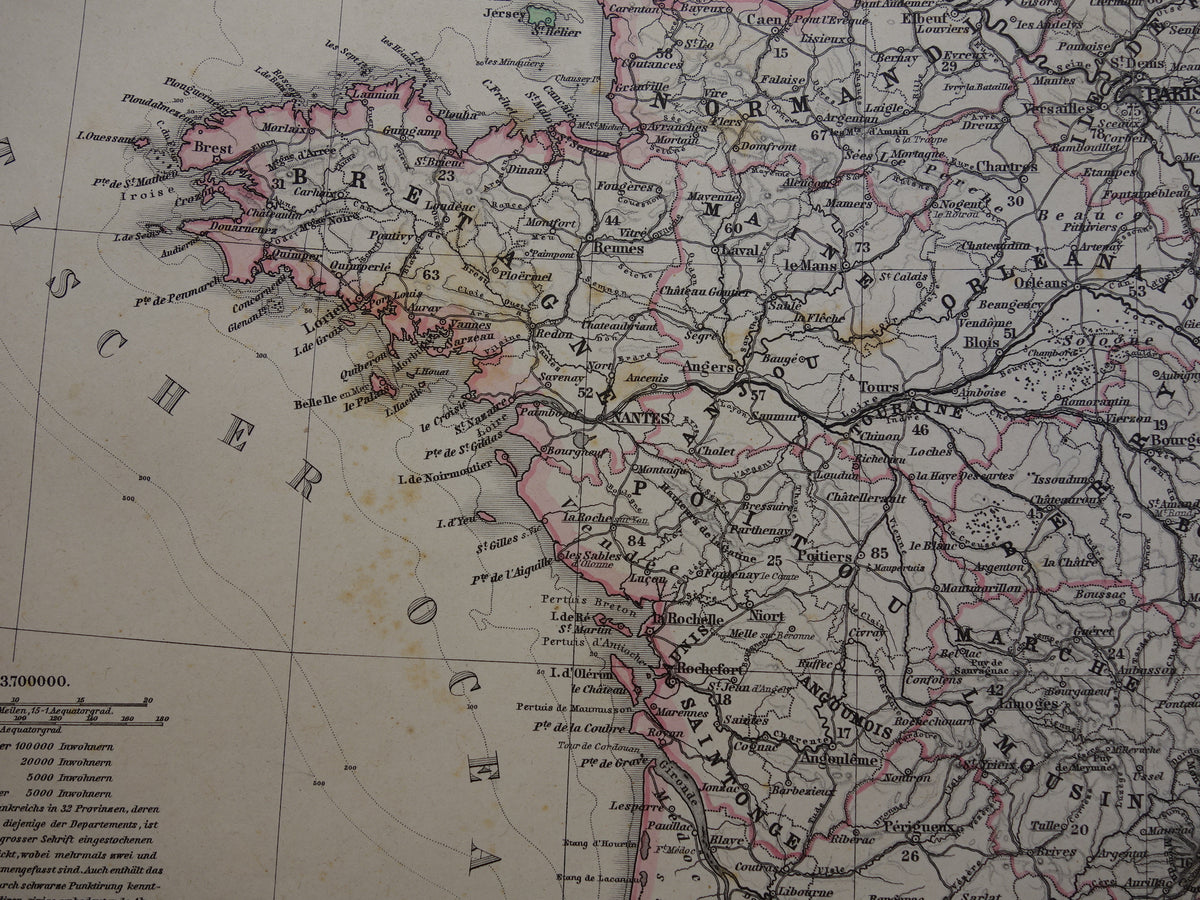 FRANCE old map from 1884 original antique German map of France 37x45cm