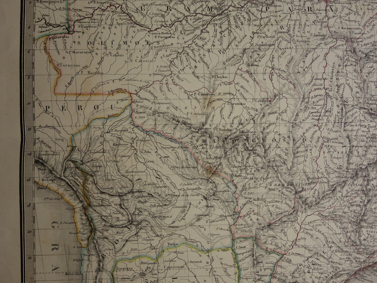 BRAZILIË Grote oude kaart van Brazilië uit 1851 Originele antieke landkaart met jaartal
