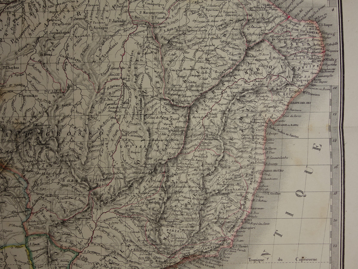 BRAZILIË Grote oude kaart van Brazilië uit 1851 Originele antieke landkaart met jaartal