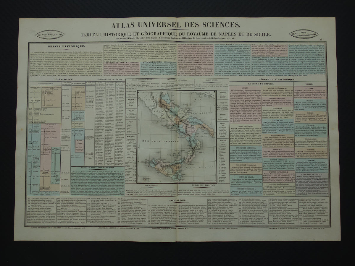 Oude kaart Zuid-Italië Sicilië 1837 grote antieke gravure over geschiedenis van Koninkrijk Napels der Beide Siciliën met vintage landkaart