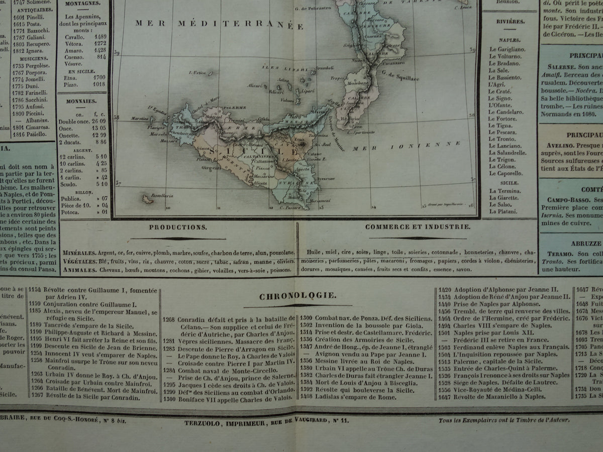 Old map of Southern Italy Sicily 1837 large antique engraving about the history of the Kingdom of Naples of the Two Sicilies with vintage map
