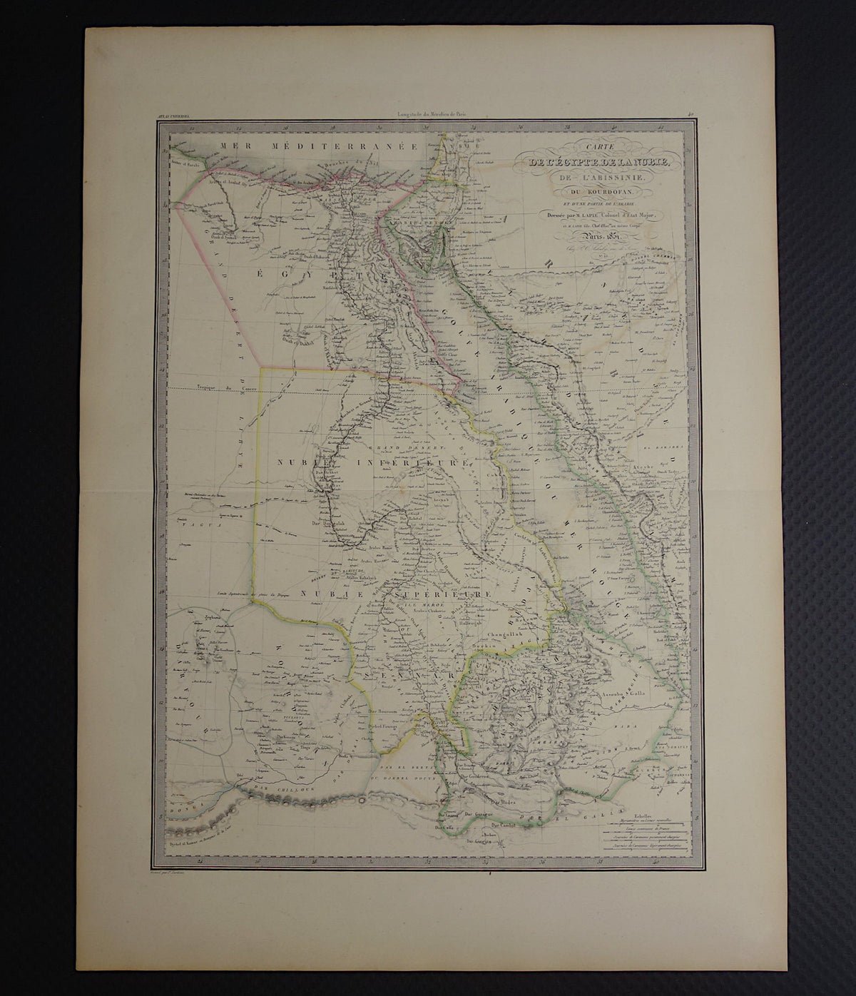 EGYPTE grote oude kaart van Rode Zee regio uit 1851 antieke landkaart Sudan, Djibouti, Ethiopië en Saoedi-Arabië met jaartal vintage landkaarten Afrika