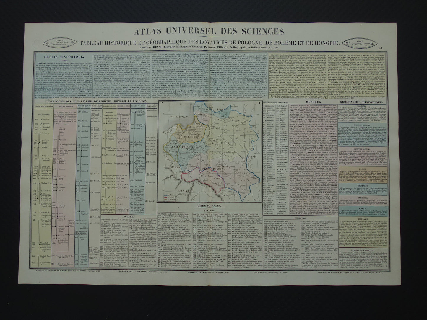 Old map of Poland 1837 large antique engraving about the history of Poland, Bohemia and Hungary with vintage map